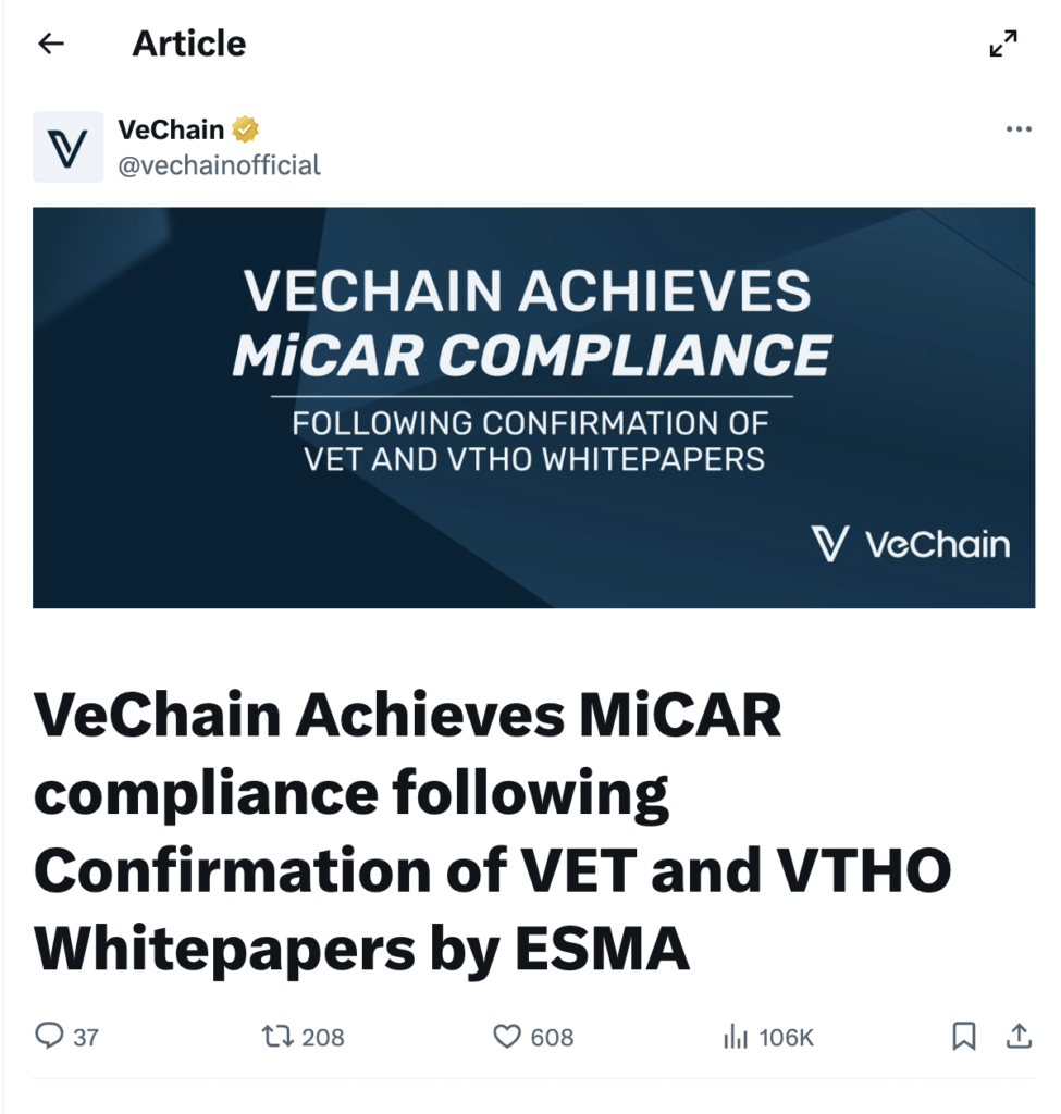 VeChain (VET) dan VeThor (VTHO) resmi mendapatkan status compliant