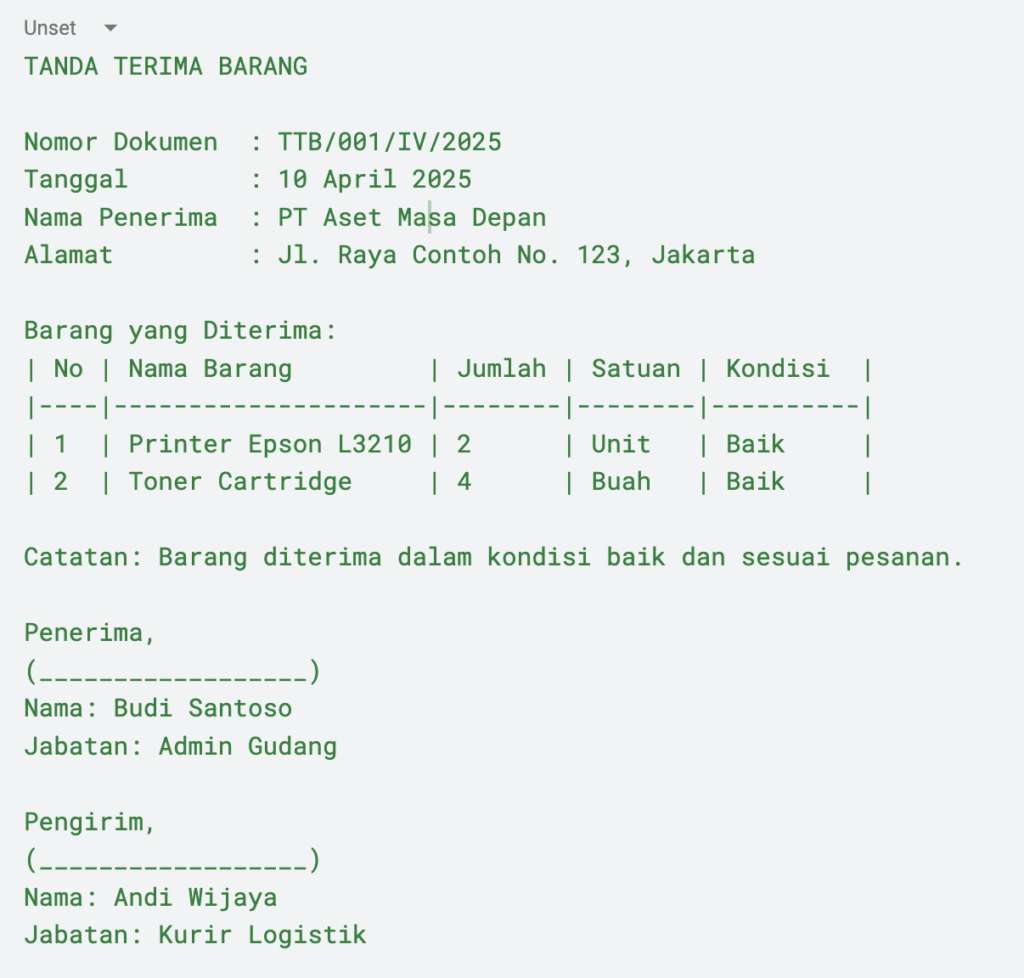 Contoh Format Dokumen Tanda Terima Barang