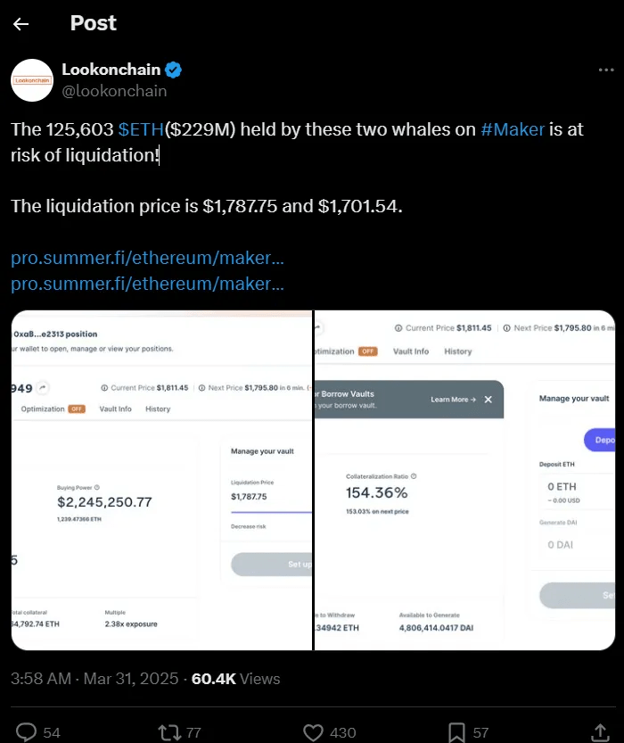 Dua wallet whale besar yang terhubung ke MakerDAO berisiko dilikuidasi Dua wallet whale besar yang terhubung ke MakerDAO berisiko dilikuidasi