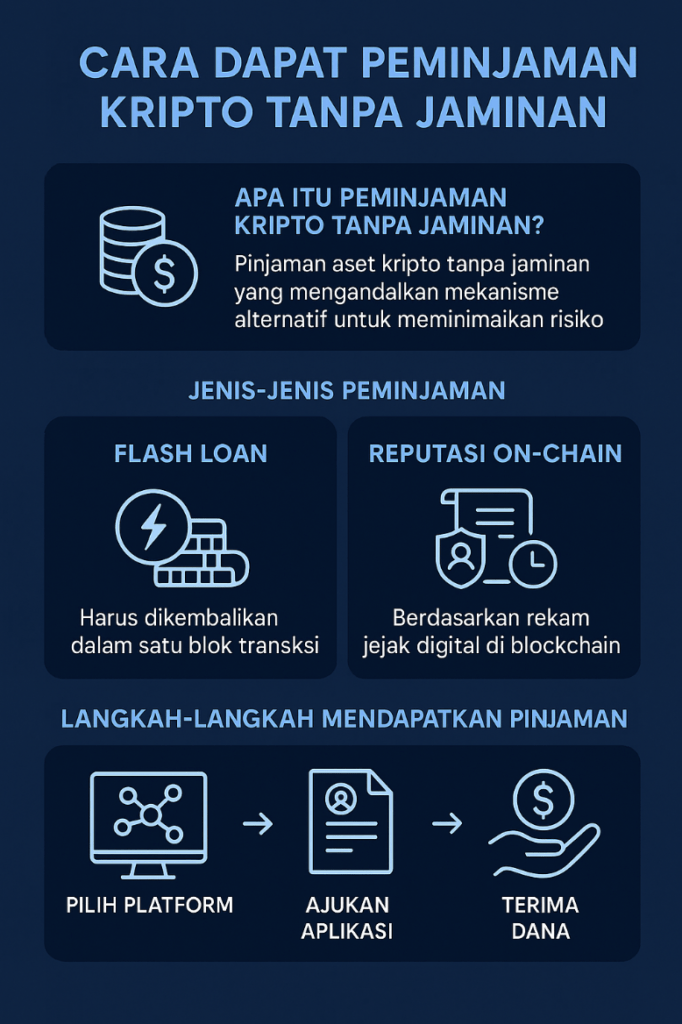 nfografik cara mendapatkan pinjaman kripto tanpa jaminan melalui flash loan dan reputasi on-chain, lengkap dengan langkah-langkah praktis di tahun 2025