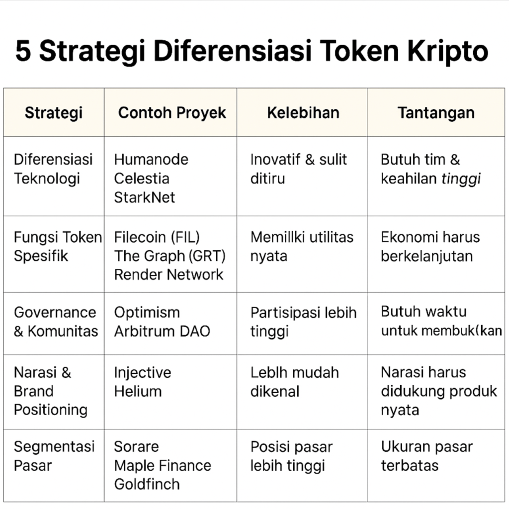 Tabel ini merangkum 5 strategi utama dalam membedakan token kripto.