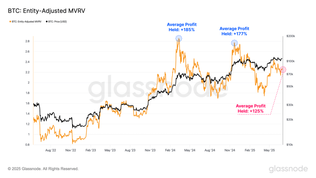 MVRV ratio, indikator yang mengukur keuntungan di atas kertas, menunjukkan posisi rata-rata cuan sebesar 125%. MVRV ratio, indikator yang mengukur keuntungan di atas kertas, menunjukkan posisi rata-rata cuan sebesar 125%.