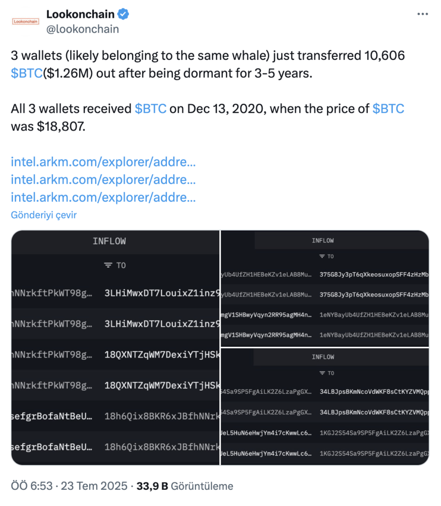 Lookonchain Bitcoin Balinasi Cuzdan Adresi Analizi Whale Lama Aktif Lagi, 10.603 BTC Tiba-Tiba Bergerak