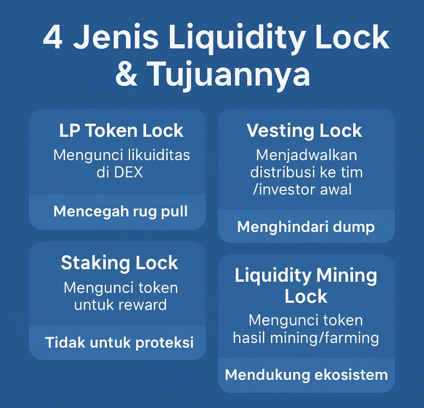 Screenshot 2025 07 08 at 15.41.38 Infografik empat jenis liquidity lock dalam kripto: LP Token Lock, Vesting Lock, Staking Lock, dan Liquidity Mining Lock, lengkap dengan tujuan dan risikonya.