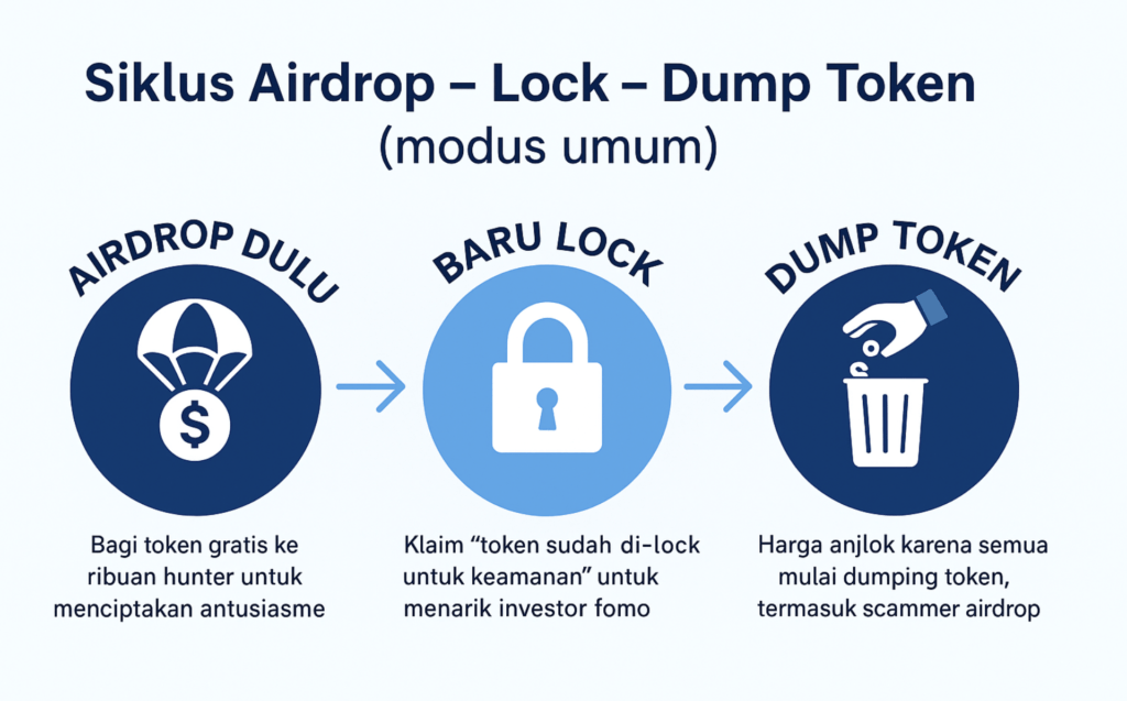 Infografik siklus airdrop hingga rug pull: dari strategi awal proyek menggaet investor lewat token gratis, lock palsu, hingga manipulasi harga untuk exit scam.