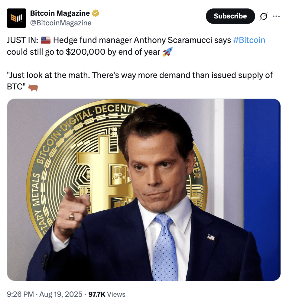 Scaramucci Ramal Bitcoin Bisa Tembus $200 Ribu di Akhir 2025