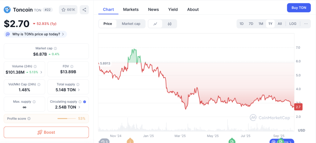 Grafik harga TON yang sempat mengalami ATH tahun lalu | Sumber: CoinMarketCap