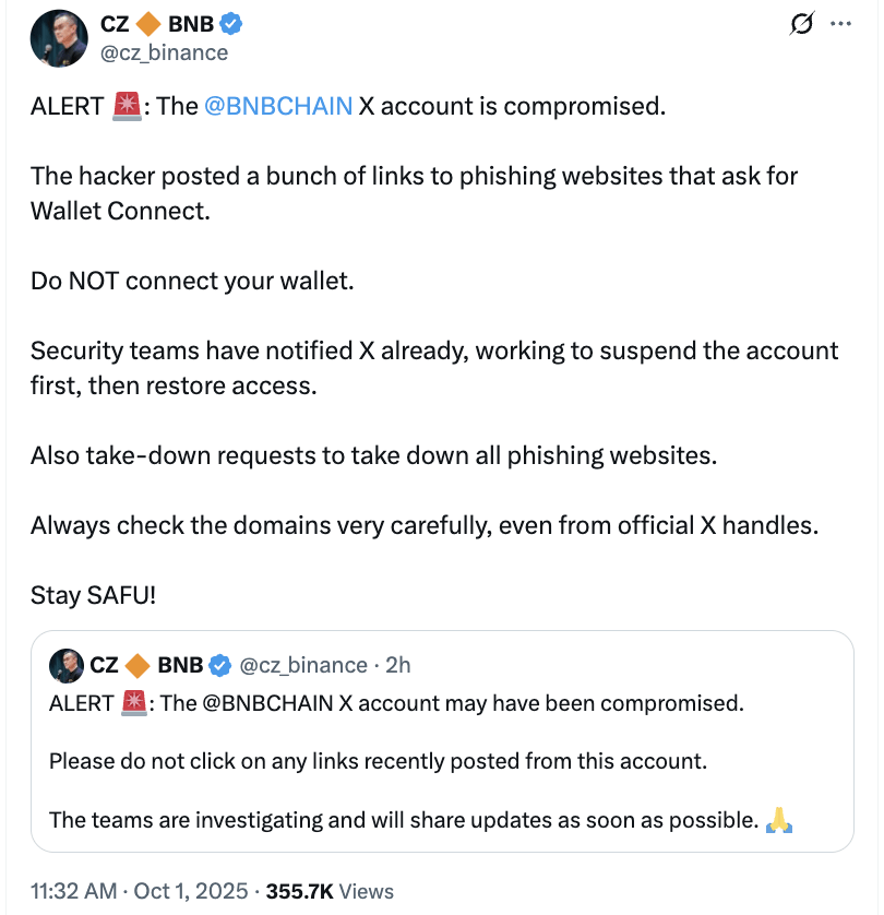 Klarifikasi CZ Akun BNB Chain dihack
