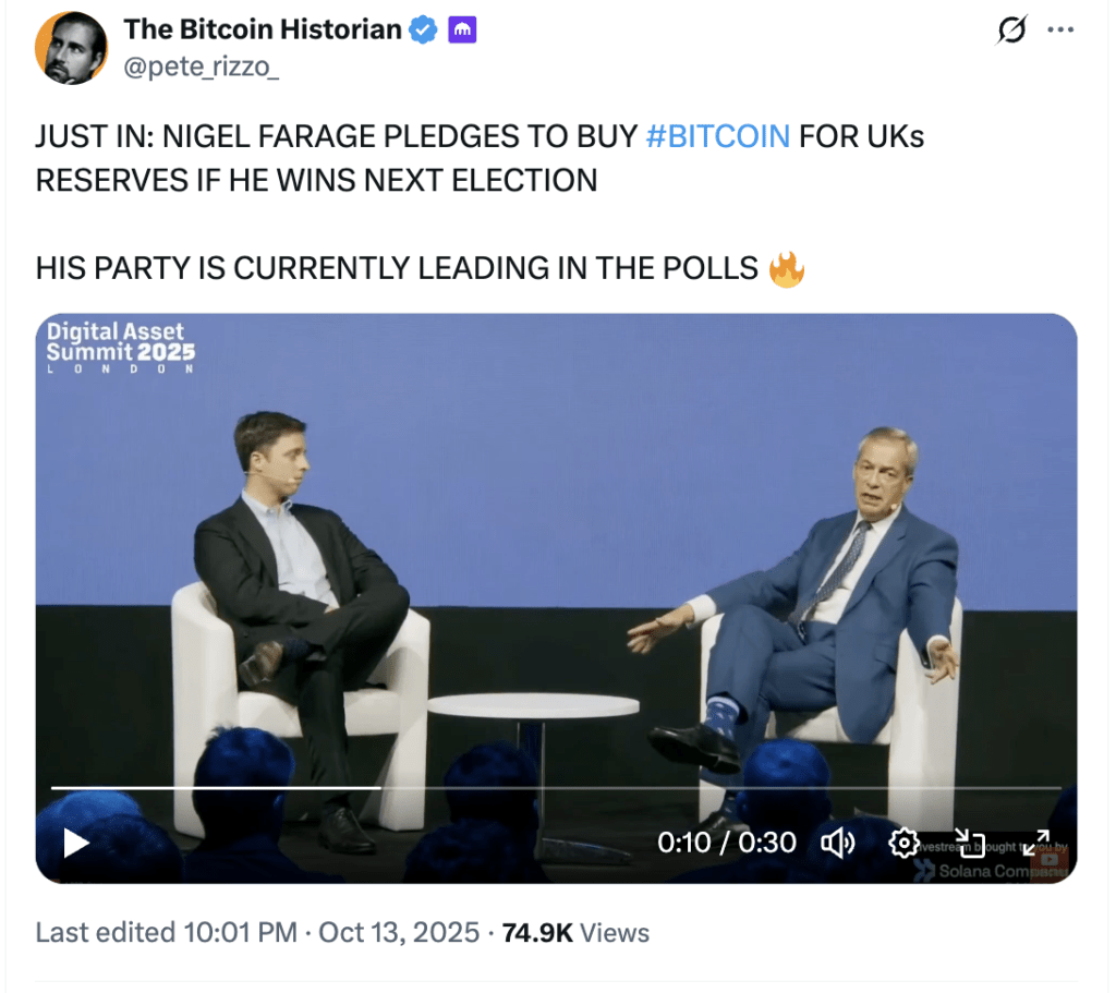 Nigel Farage Janjikan Bitcoin Reserve Nasional untuk Inggris Nigel Farage Janjikan Bitcoin Reserve Nasional untuk Inggris
