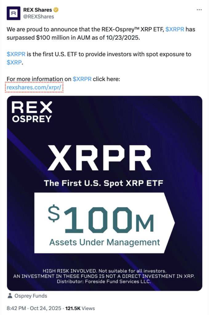 ETF XRP pertama di Amerika Serikat, REX-Osprey XRP ETF, resmi menembus $100 juta aset kelolaan (AUM) ETF XRP pertama di Amerika Serikat, REX-Osprey XRP ETF, resmi menembus $100 juta aset kelolaan (AUM)