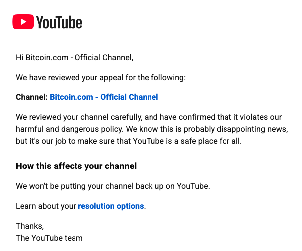 Channel Bitcoincom di Ban