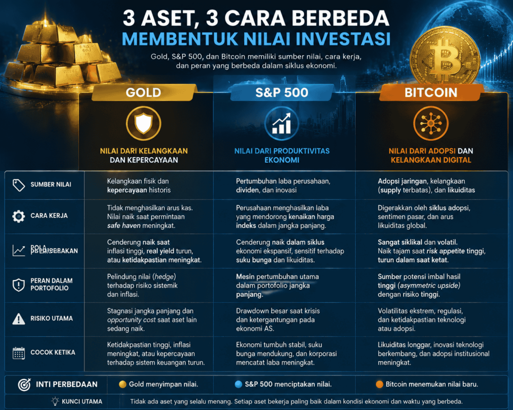 Perbandingan Gold, Bitcoin, Vs S&P 500 